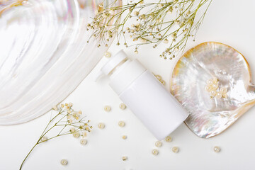 Cosmetic bottle containers with marine pearl extraction essence, Blank label for organic branding...