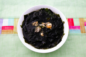 Korean food Seaweed Soup with oyster which is called Miyeok-guk