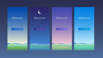 Serene peaceful background for mobile app. Launch screen concept with mountains view at sunrise, sunset, night & day. Meditating calm landscape in vertical orientation with button. UI/UX elements.