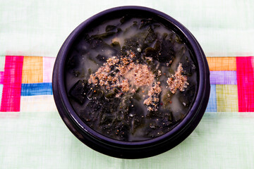 Korean food Seaweed Soup with Perilla which is called Deuikkae Miyeok-guk