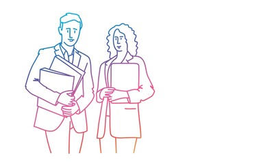 Business people with file folders. Rainbow colors in linear vector illustration.