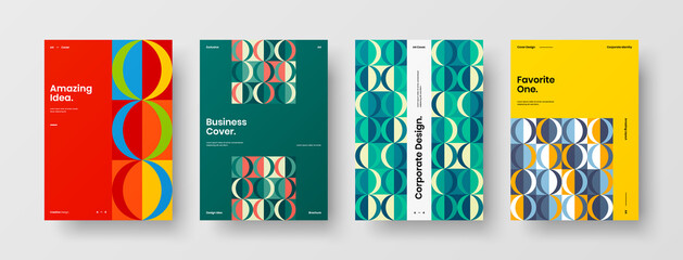 Naklejka premium Company identity brochure template collection. Business presentation vector A4 vertical orientation front page mock up set. Corporate report cover abstract geometric illustration design layout bundle.