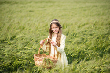 
Green wheat field. Beautiful girl walks in the field. A child with a basket collects spikelets. Recreation and agriculture. Long hair of a young girl