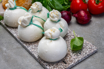 Cheese collection, fresh soft Italian cheese from Puglia, white balls of burrata or burratina cheese made from mozzarella and cream filling