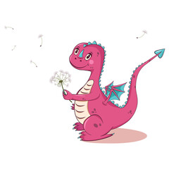 Cute dinosaur. Cute dinosaur with 
dandelion. Little T-rex. Illustration for kids fashion.
