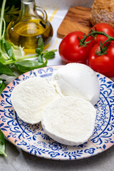 Fresh handmade soft Italian cheese from Campania, white balls of buffalo mozzarella cheese made from cow milk ready to eat