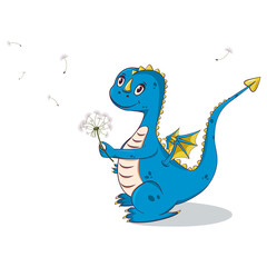 Cute dinosaur. Cute dinosaur with 
dandelion. Little T-rex. Illustration for kids fashion.