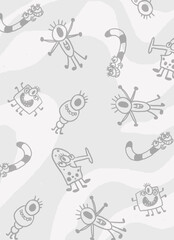 Background monochrome illustration pattern with cartoony doddles and charecters space kosmo rockets and ufo aliens