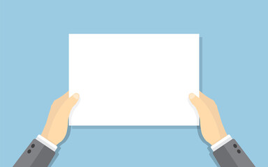 Businessman hands holding blank white sheet of paper. Empty space for text or object in the middle of graphic. Business Concept. Cartoon style. Vector illustration. 