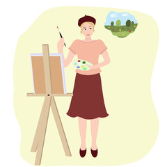 Girl artist painting on easel a summer landscape