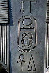 Hieroglyphic symbols carved out on rock by the ancient Egyptians in a monument placed in London....