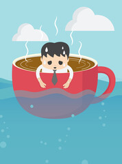 businessman tired in cup of coffee in vast sea with a tired expression showing his overwork