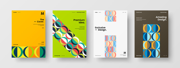 Fototapeta premium Company identity brochure template collection. Business presentation vector A4 vertical orientation front page mock up set. Corporate report cover abstract geometric illustration design layout bundle.