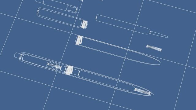 3D ANIMATION , PENS , wireframe on blue background