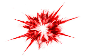Freeze motion of red powder exploding, isolated on white background. Abstract design of red dust cloud. Particles explosion screen saver, wallpaper