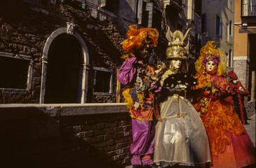 Revelers wearing costumes at the Venice Carnival