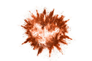 Brown color powder explosion on white background. Colored cloud. Colorful dust explode. Paint Holi.