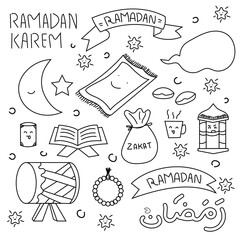 Hand drawn Doodle Happy Eid Mubarak and Ramadan Kareem isolated on white background. Hand drawn sketch outline doodle style islamic vector illustration. Collection of arabic design elements with quran