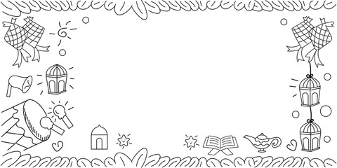 Hand drawn Doodle Happy Eid Mubarak and Ramadan Kareem isolated on white background. Hand drawn sketch outline doodle style islamic vector illustration. Collection of arabic design elements with quran
