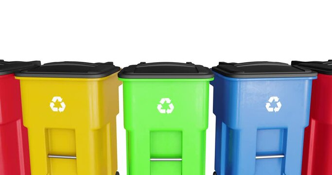 Colorful plastic garbage bins with waste recycle logo. Concept of sorting systems and separate garbage. With alpha mask, loopable. 3d rendering
