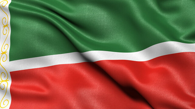 Flag of the Chechen Republic waving in the wind. 3D illustration.
