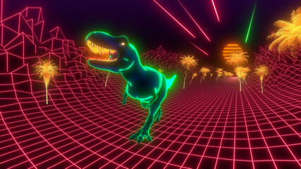 T-Rex dinosaur walks through a neon jungle. 80s retro style wallpaper background © Aleksandra Sova