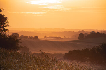 sunrise over farming landscape