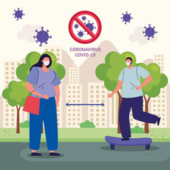 keep distance, couple using face mask in cityscape, during covid 19 vector illustration design