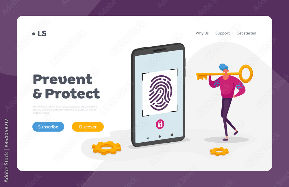 Poster identification of person landing page template. finger print scan, authorization in security system.