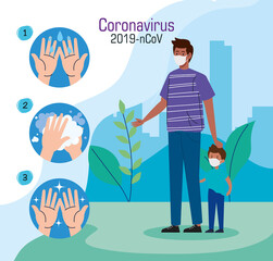 father and son wearing protective medical mask in landscape during virus covid 19 vector illustration design