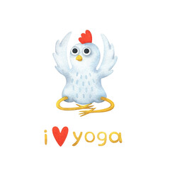 Funny white chicken in yoga poses. A set of watercolor illustrations with a bird in Baddha Konasana (Bound Angle Pose) and the text 