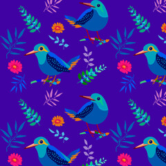 Fototapeta na wymiar Bright pattern with birds leaves for children's clothing, children's room decoration
