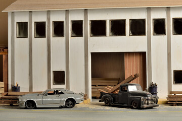 diorama coches y camioneta en la industria, maquetas de gran realismo 