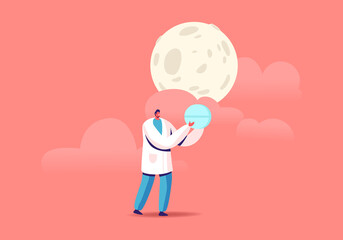 Tiny Doctor Male Character Carry Huge Blue Pill under Full Moon in Sky. Insomnia Treatment, Problem with Sleep. Medication Pharmaceutic Remedy for Good Dream at Night Time. Cartoon Vector Illustration