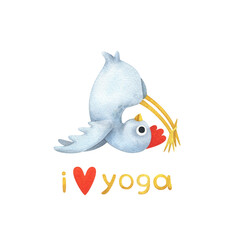 Funny white chicken in yoga poses. A set of watercolor illustrations with a bird in Halasana (Plow Pose) and the text "I love yoga" . Stock image of cute stickers isolated on a white background.