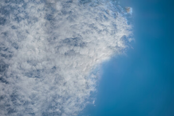 White clouds on light blue sky. Panorama view background or overlay elements for design projects