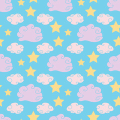 Cute repeat pattern pink clouds and stars on blue sky