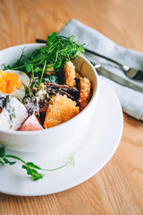 Fresh vegetarian salad in oriental style with falafel. Top view.