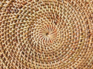 Closeup texture of fashionable handmade natural organic Round rattan bag: isolated straw Circle Balinese Crossbody Shoulder Bag