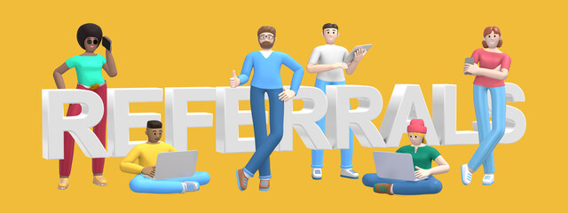 Group of young multiethnic successful people with laptop, tablet, phone and word referrals on yellow background. Horizontal banner cartoon character and text website slogan. 3D rendering.
