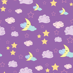 Fototapeta na wymiar Cute repeat pattern of smiling moon, clouds and stars on purple background