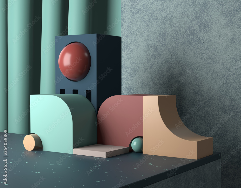 Poster 3d rendering abstract minimal pedestal showing a product. composition of cubic shapes and a ball on 