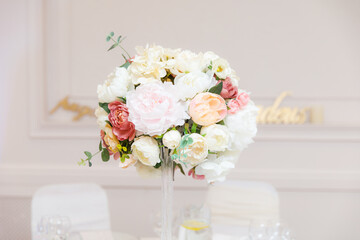 wedding table setting and decorated with flowers 