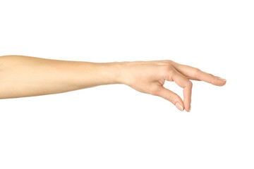 Hand picking, holding, grabbing or reaching. Woman hand gesturing isolated on white