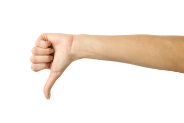 Thumb down. Woman hand gesturing isolated on white