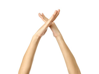 Crossed hands. Woman hand gesturing isolated on white