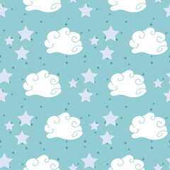 Seamless pattern with stars and clouds on blue background