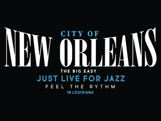 CITY OF NEW ORLEANS, varsity, slogan graphic for t-shirt, vector, with white text and black background