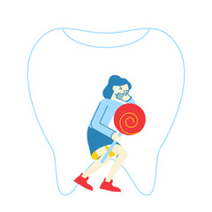 Little Girl with Lollipop Holding Cheek Feeling Terrible Pain in Tooth or Gum.Female Character Suffering of Toothache. Caries in Oral Cavity, Tooth Ache, Dentistry Concept. Linear Vector Illustration