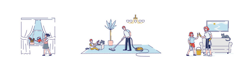 Set of cartoon characters cleaning house, vacuuming, watering plants and wiping dust